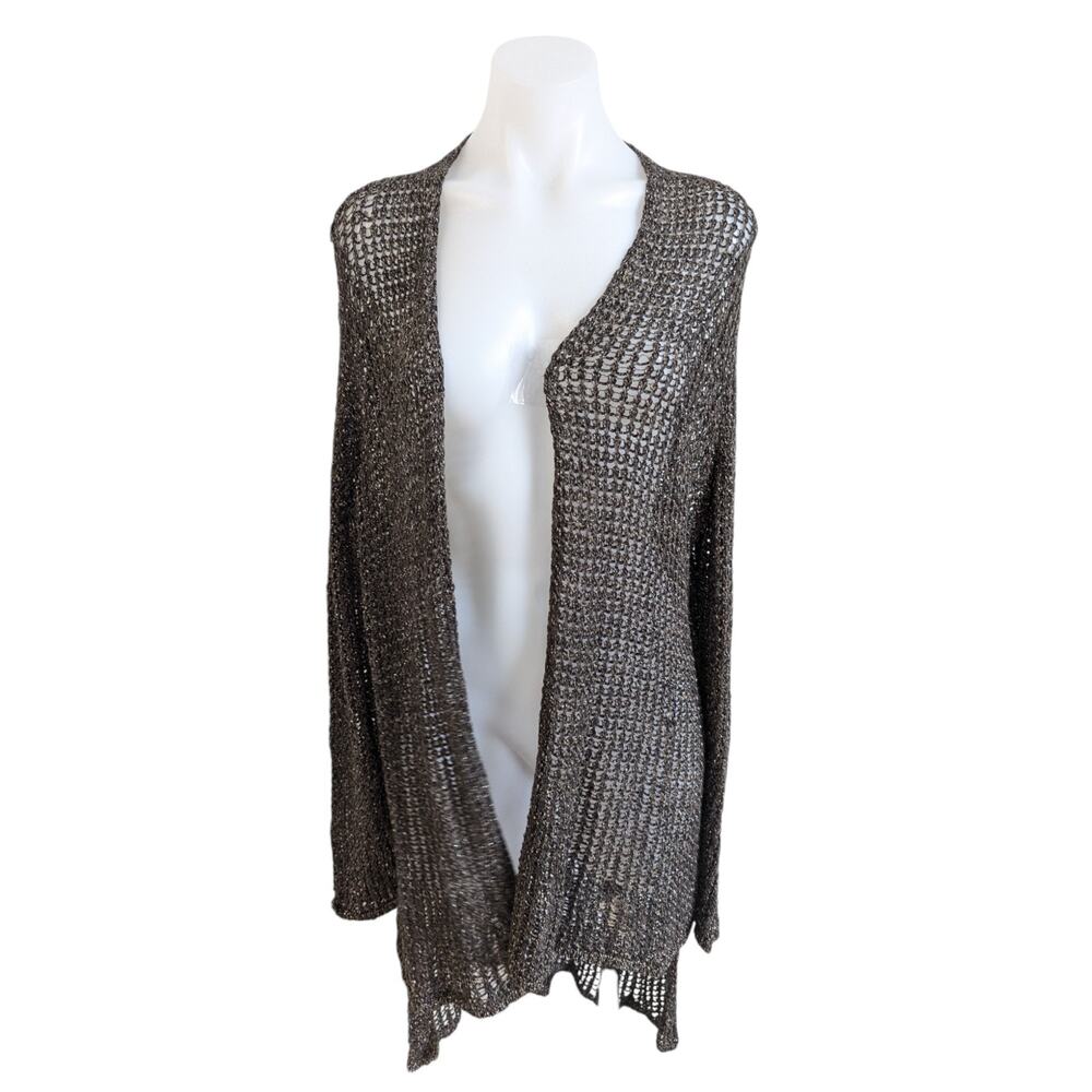 Eileen Fisher Size XL Crochet Knit Open Front Duster Cardigan Tan Cotton Linen